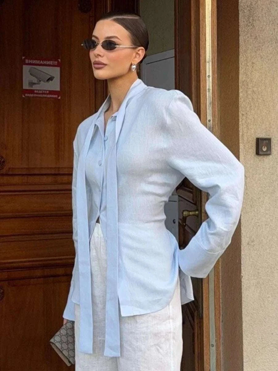 Women’s Cotton Tie Waist Shirt Cardigan Slim Fit Office Layer-Blue / L