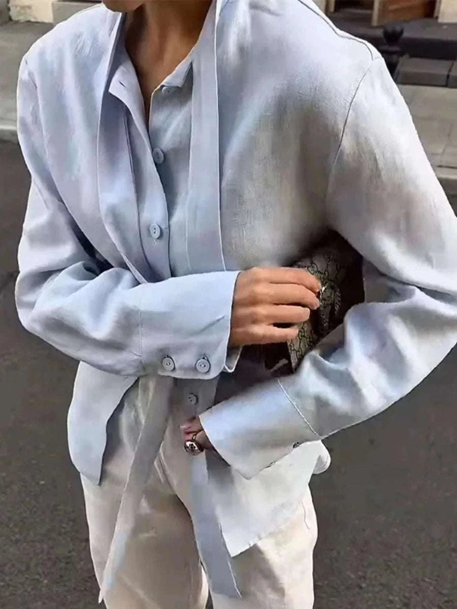 Women’s Cotton Tie Waist Shirt Cardigan Slim Fit Office Layer-Blue / L