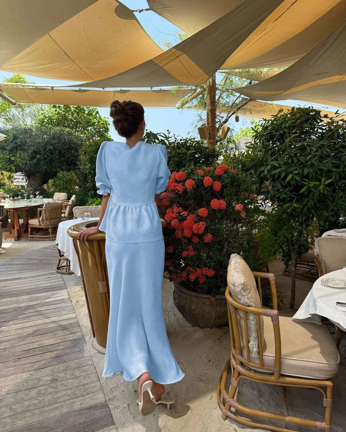 Women’s Cotton V-Neck Blouse & Long Skirt Two-Piece Set-Coffee / M