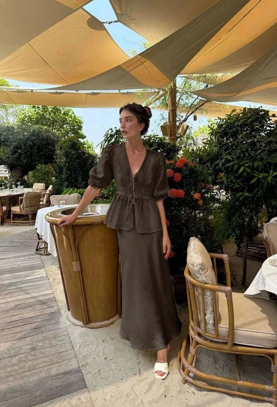 Women’s Cotton V-Neck Blouse & Long Skirt Two-Piece Set-Coffee / M