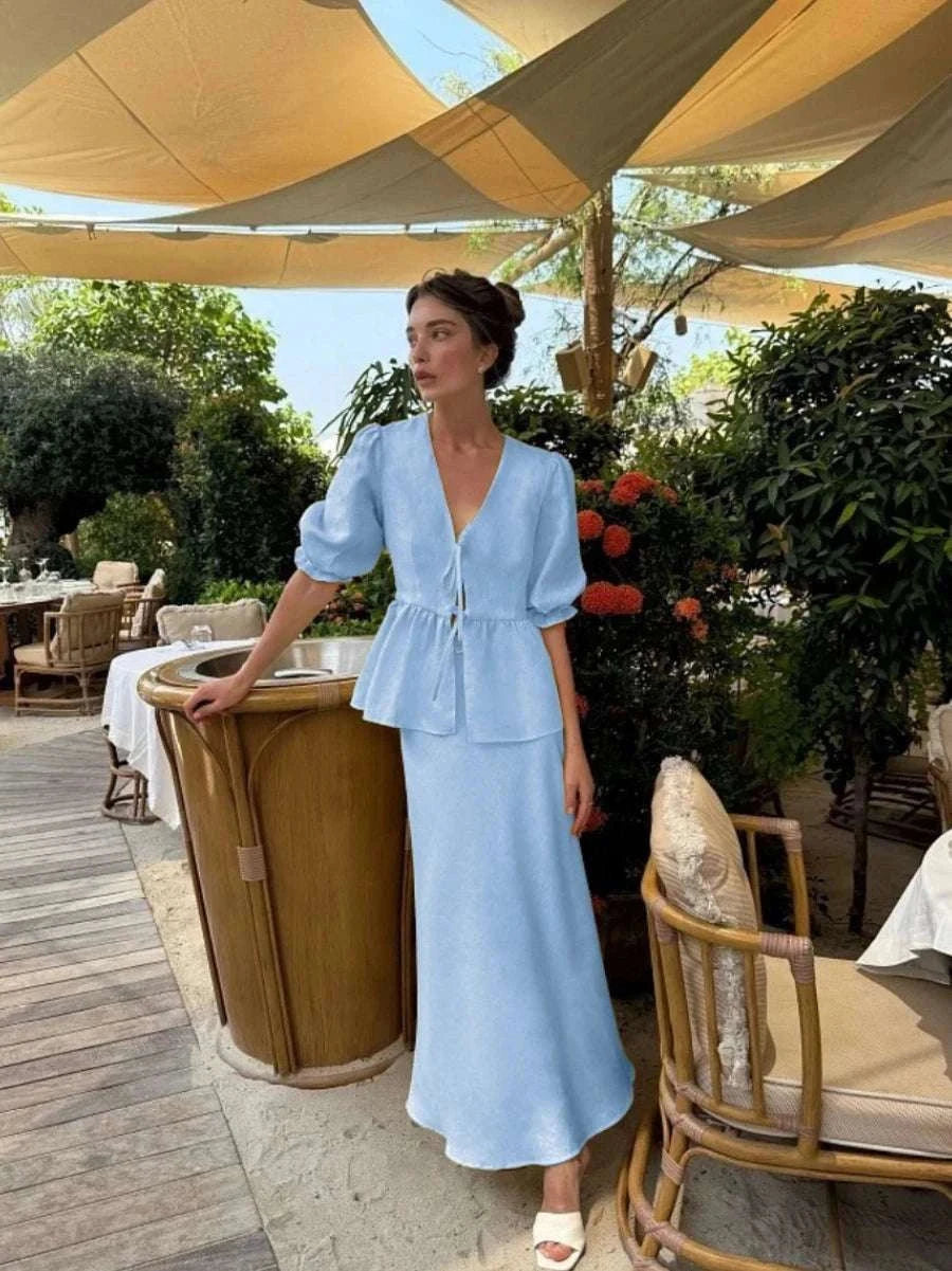 Women’s Cotton V-Neck Blouse & Long Skirt Two-Piece Set-Coffee / M