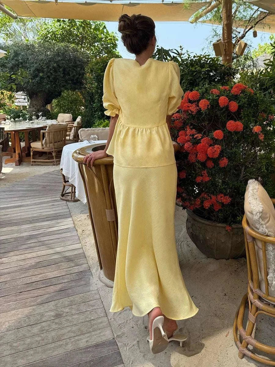 Women’s Cotton V-Neck Blouse & Long Skirt Two-Piece Set-Coffee / M