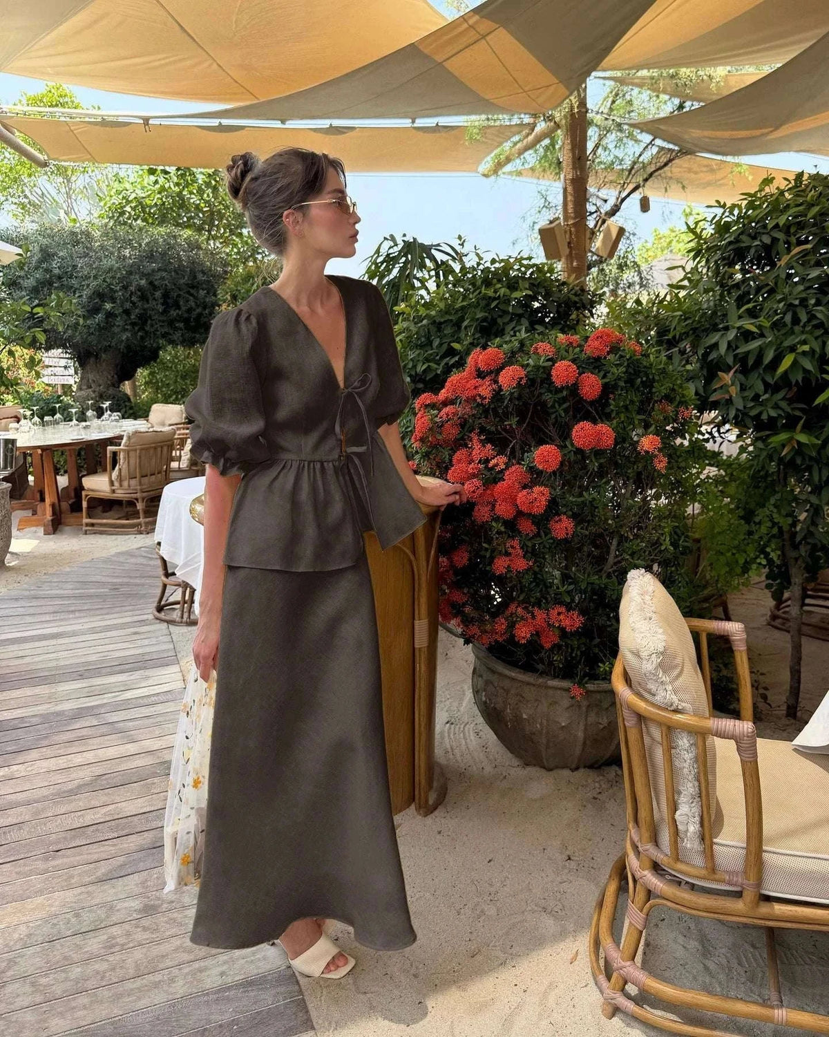 Women’s Cotton V-Neck Blouse & Long Skirt Two-Piece Set-Coffee / M