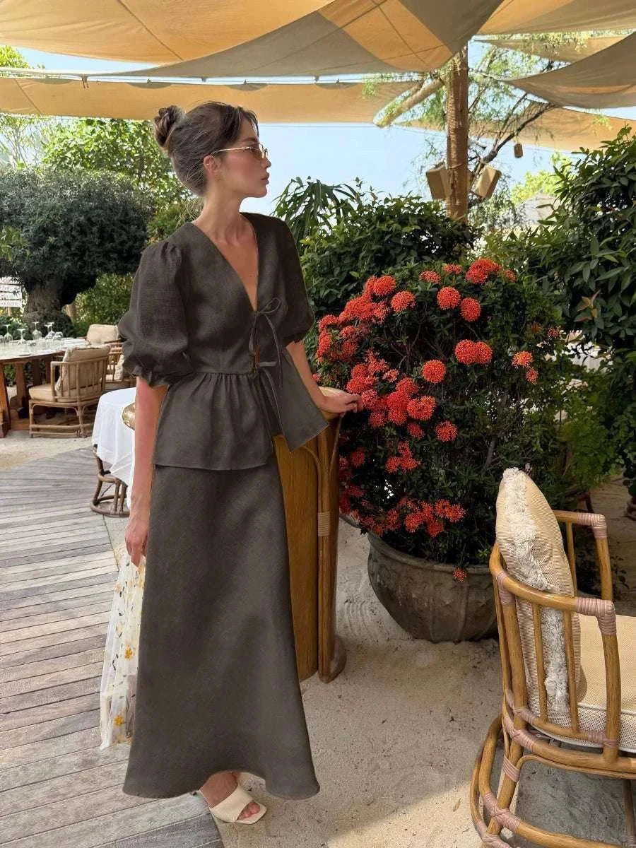 Women’s Cotton V-Neck Blouse & Long Skirt Two-Piece Set-Coffee / M