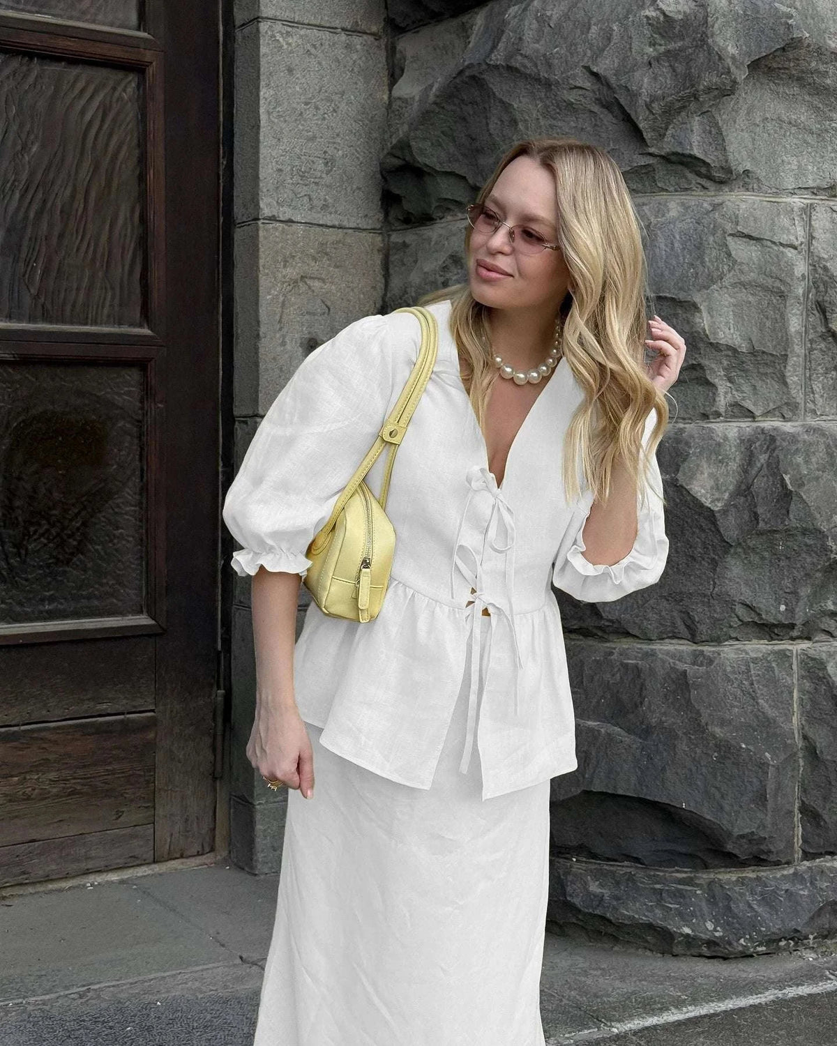 Women’s Cotton V-Neck Blouse & Long Skirt Two-Piece Set-Coffee / M