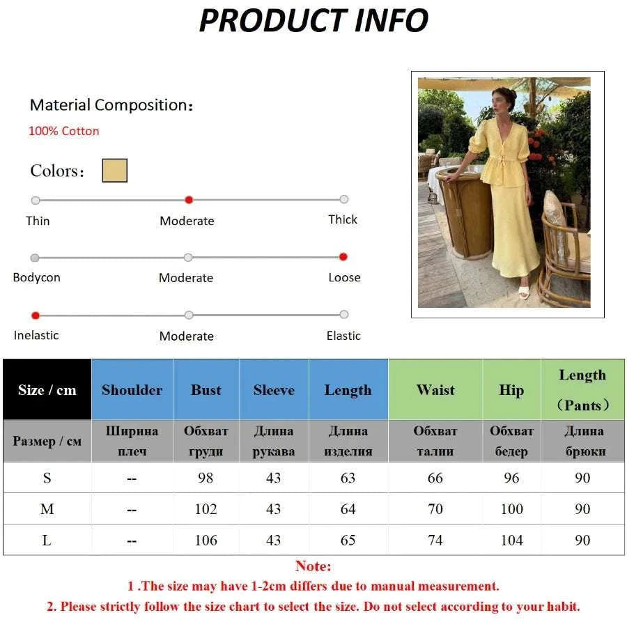 Women’s Cotton V-Neck Blouse & Long Skirt Two-Piece Set-Coffee / M