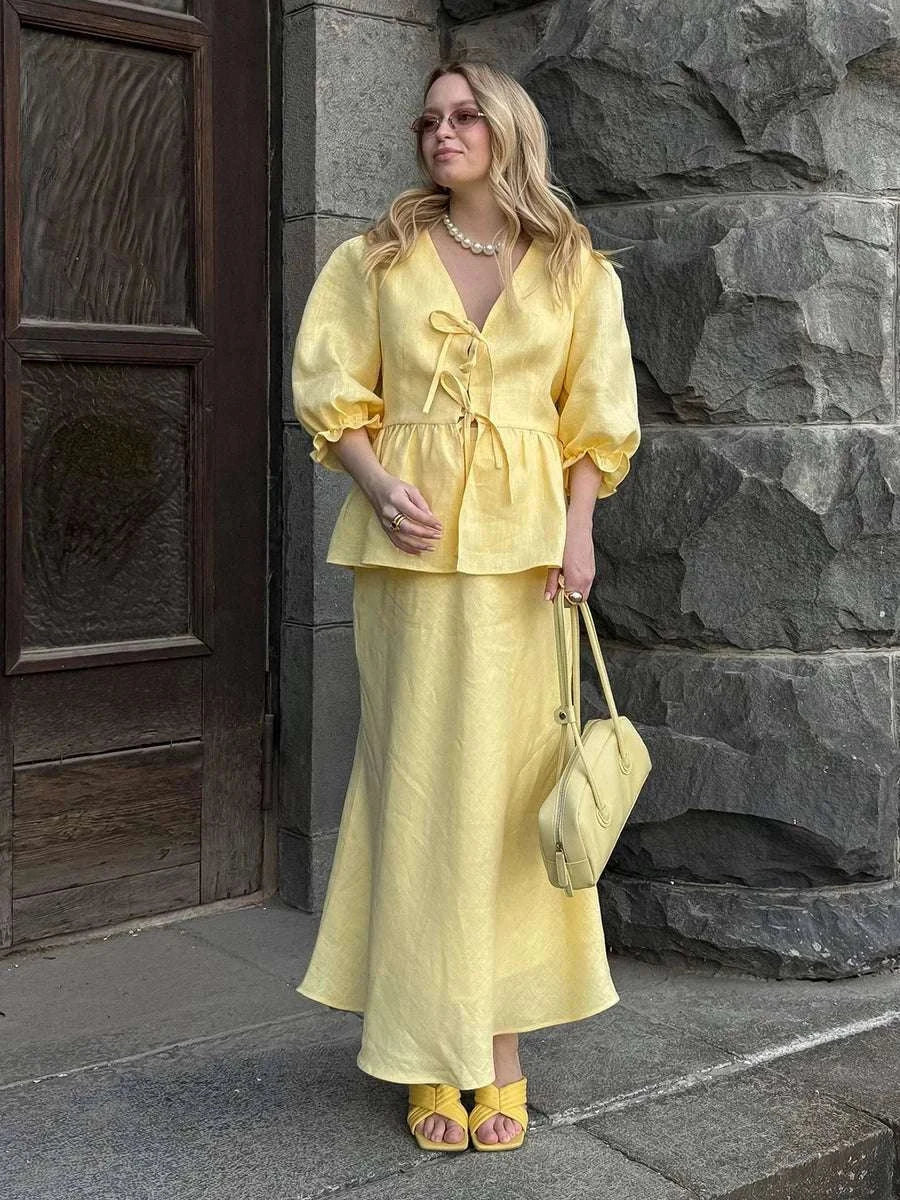 Women’s Cotton V-Neck Blouse & Long Skirt Two-Piece Set-Coffee / M