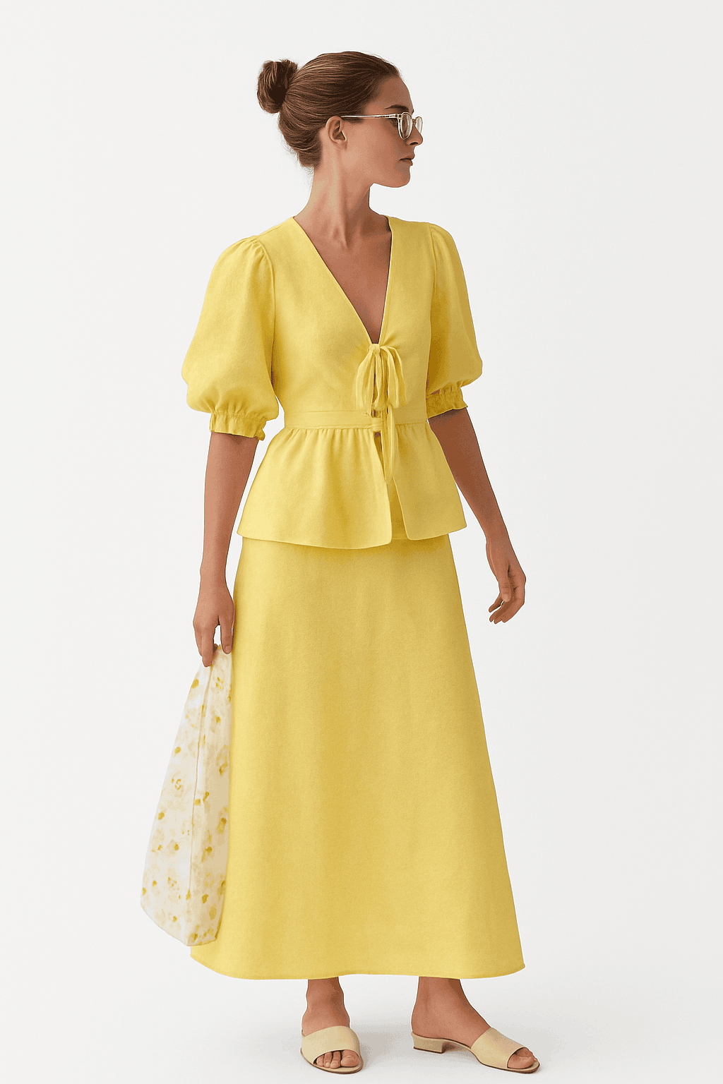 Women’s Cotton V-Neck Blouse & Long Skirt Two-Piece Set-Coffee / M