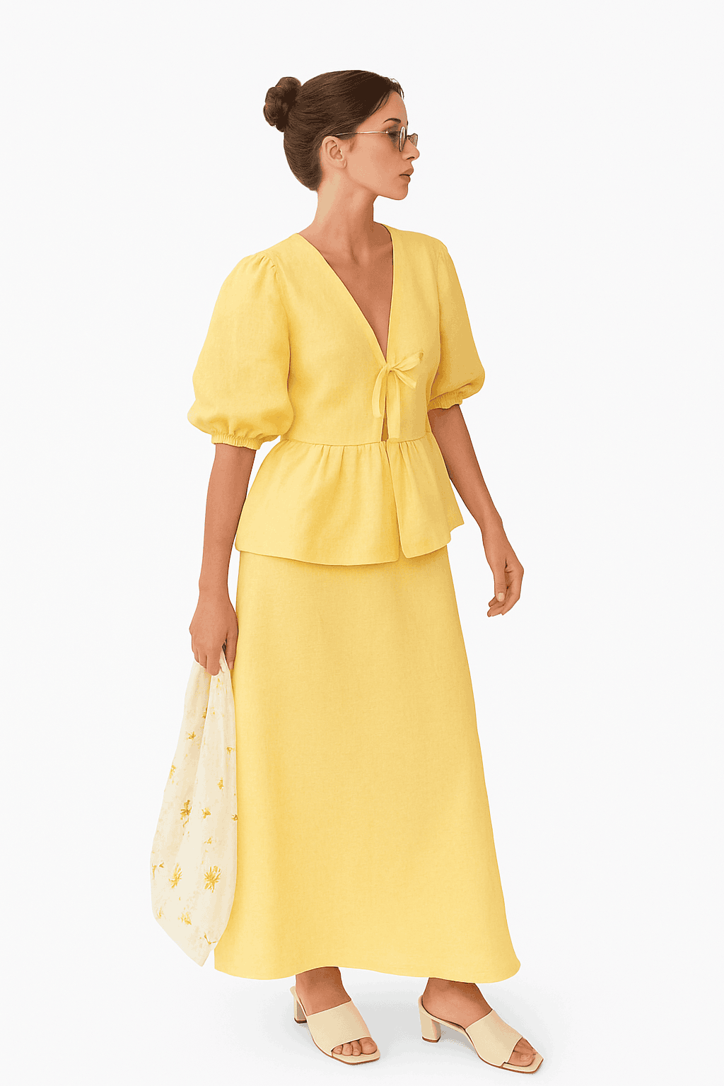 Women’s Cotton V-Neck Blouse & Long Skirt Two-Piece Set-Coffee / M