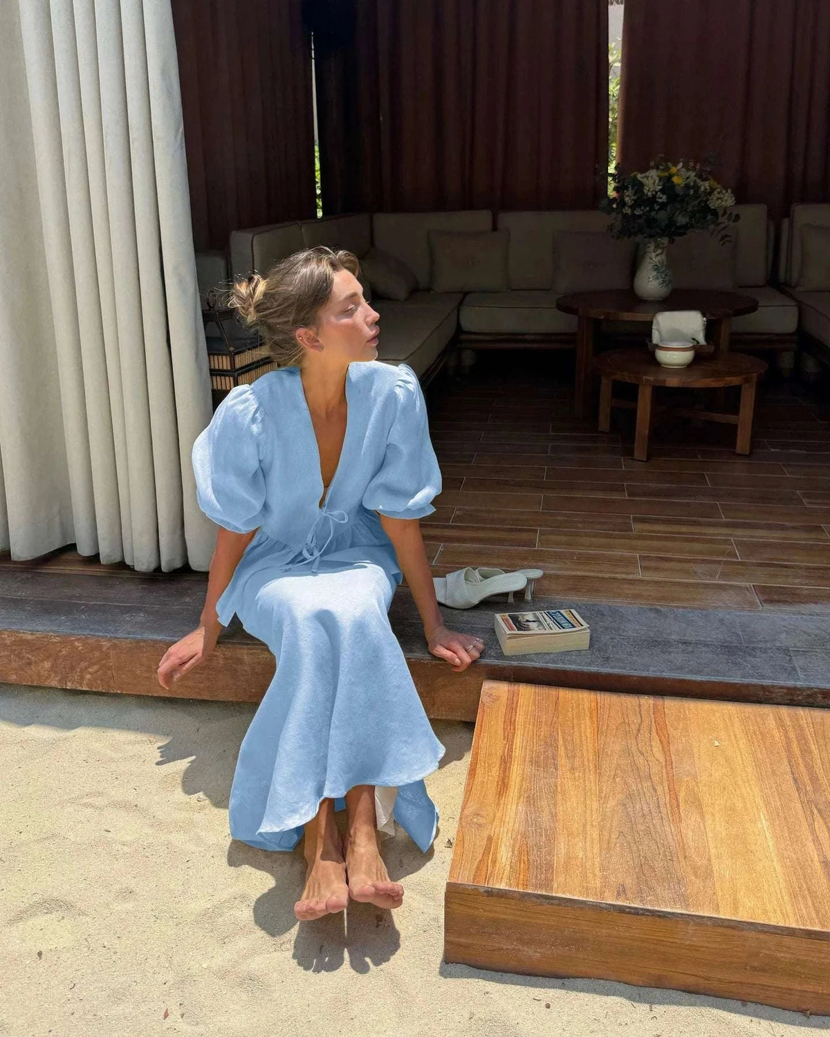 Women’s Cotton V-Neck Blouse & Long Skirt Two-Piece Set-Coffee / M