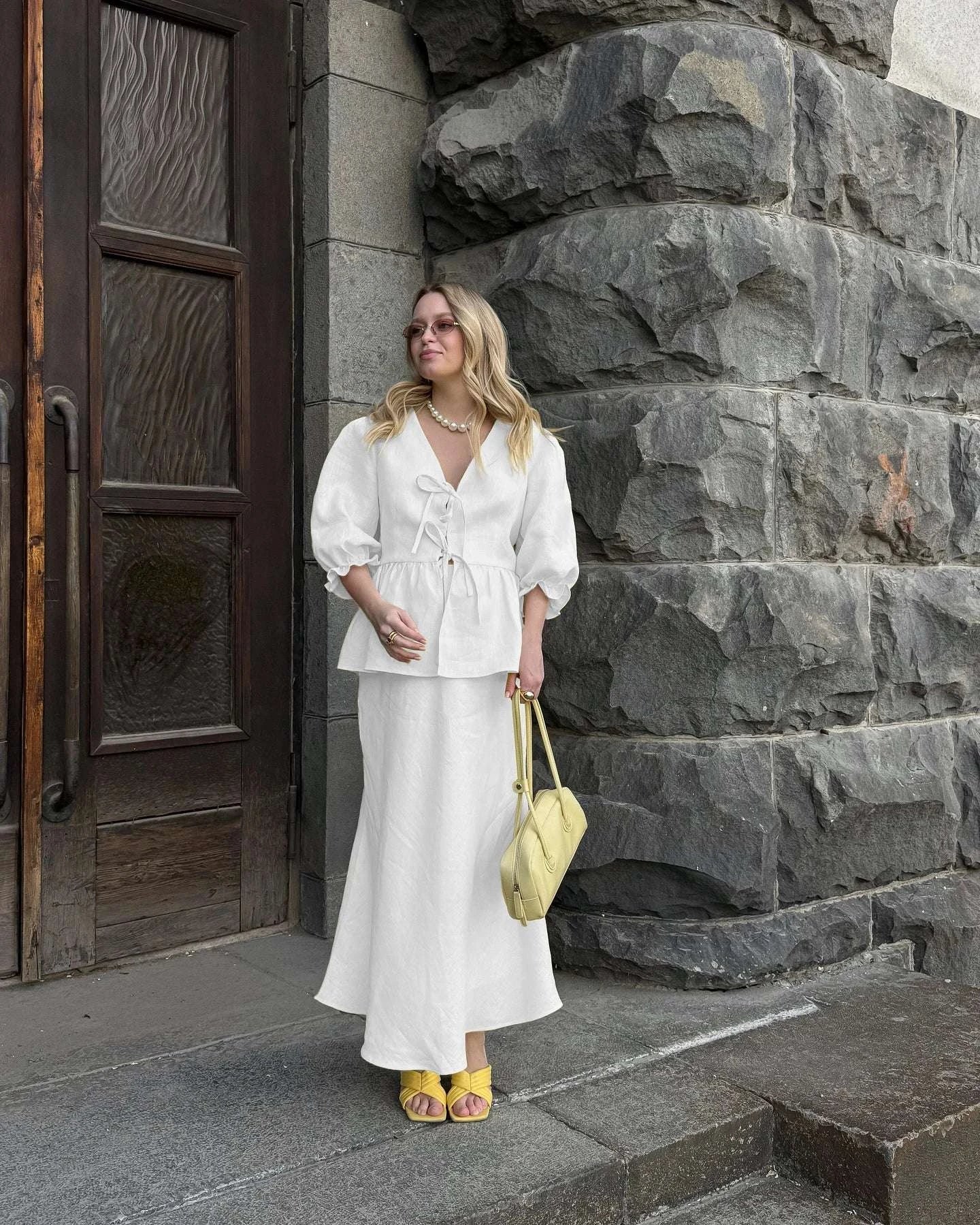 Women’s Cotton V-Neck Blouse & Long Skirt Two-Piece Set-Coffee / M