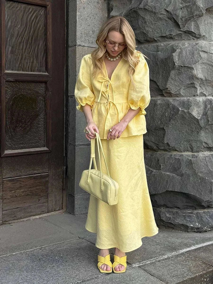 Women’s Cotton V-Neck Blouse & Long Skirt Two-Piece Set-Coffee / M