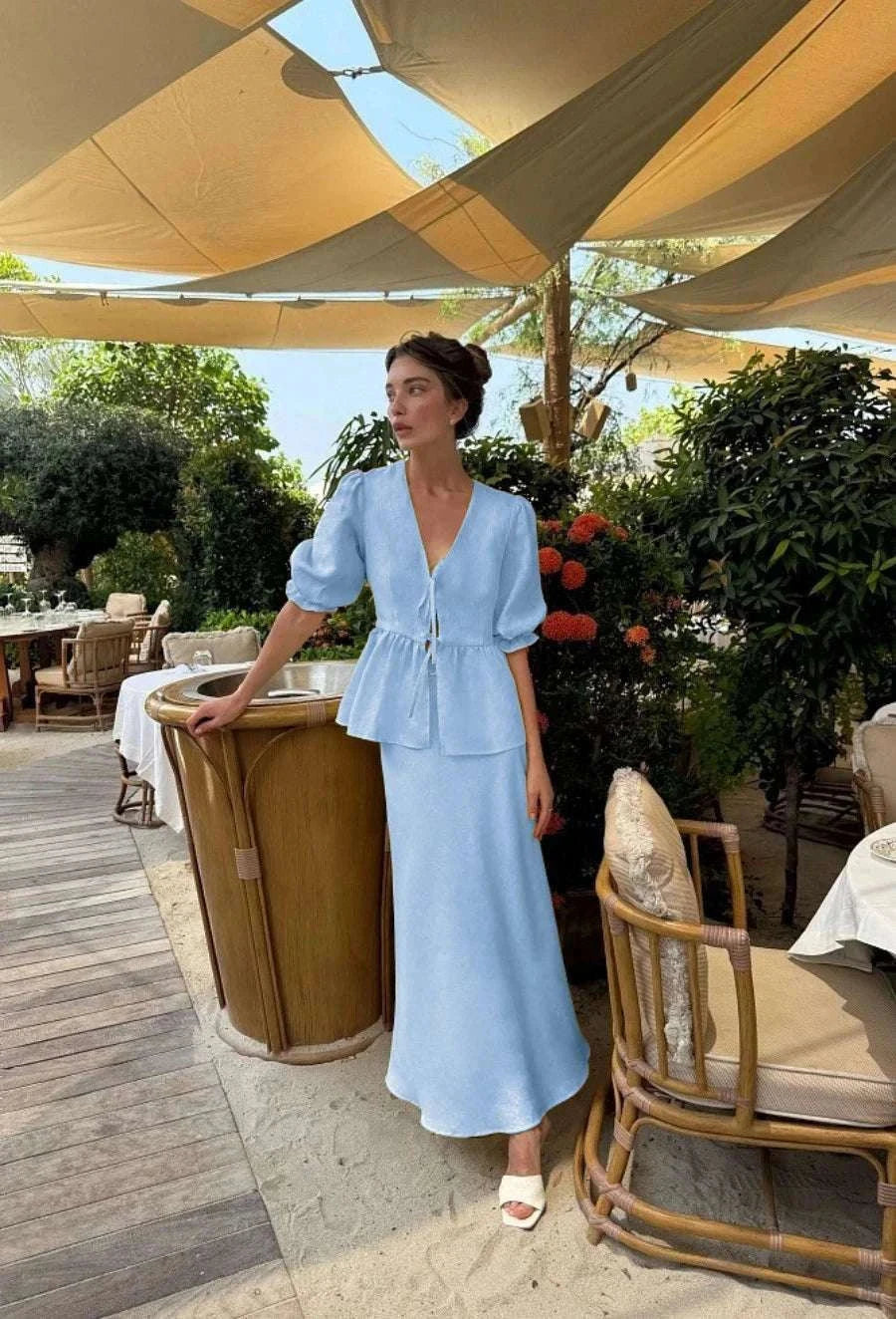 Women’s Cotton V-Neck Blouse & Long Skirt Two-Piece Set-Coffee / M