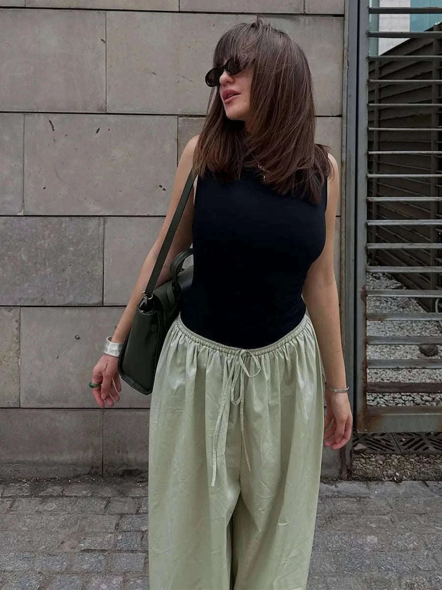 Women’s Cotton Wide Leg Lantern Pants – Loose Elastic Waist Casual Trousers-PInk / L