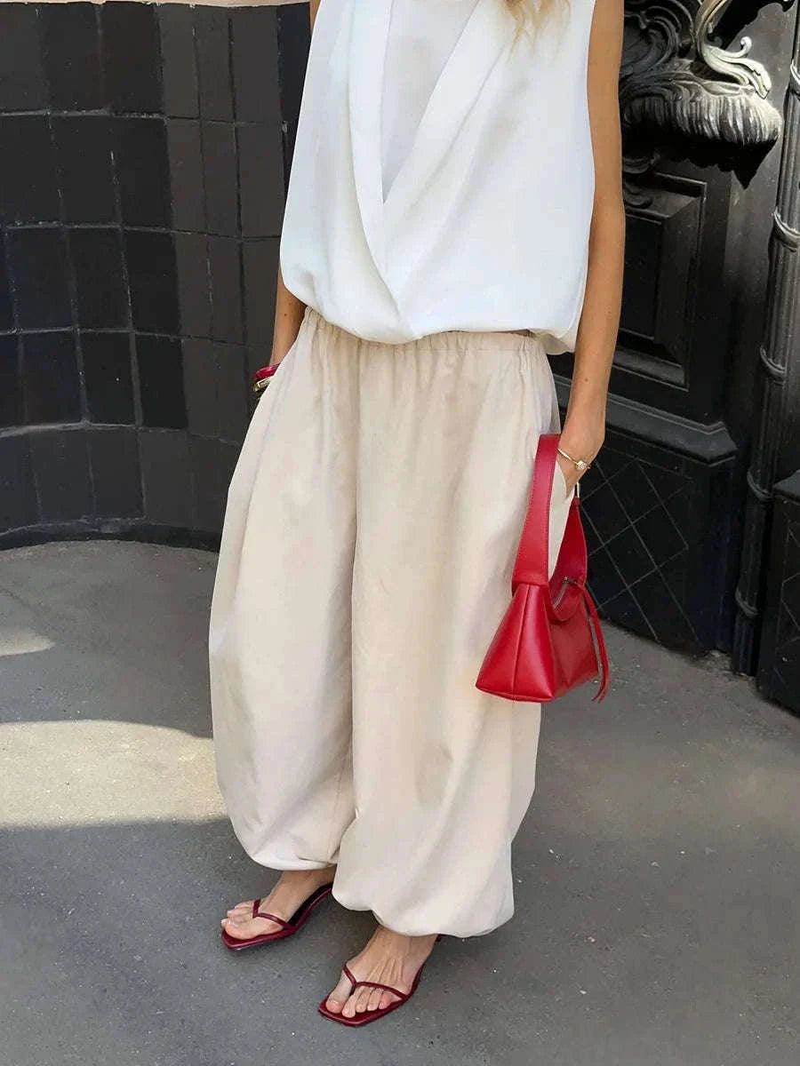 Women’s Cotton Wide Leg Lantern Pants – Loose Elastic Waist Casual Trousers-PInk / L