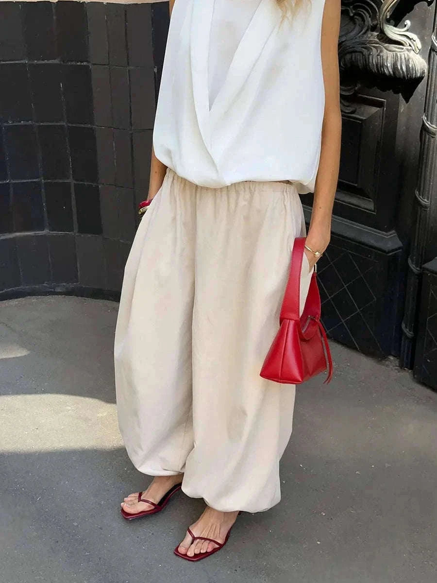 Women’s Cotton Wide Leg Lantern Pants – Loose Elastic Waist Casual Trousers-PInk / L