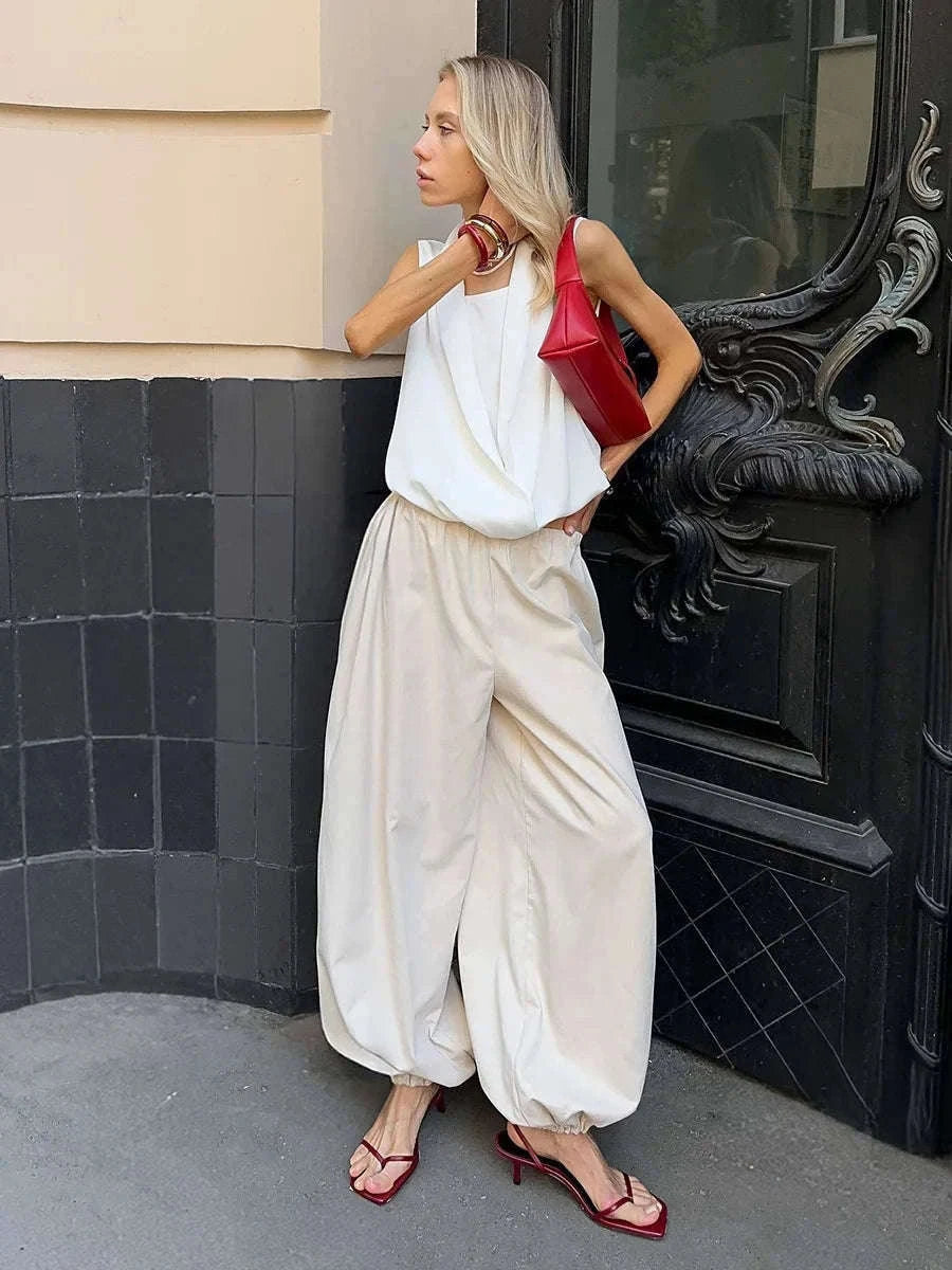 Women’s Cotton Wide Leg Lantern Pants – Loose Elastic Waist Casual Trousers-PInk / L