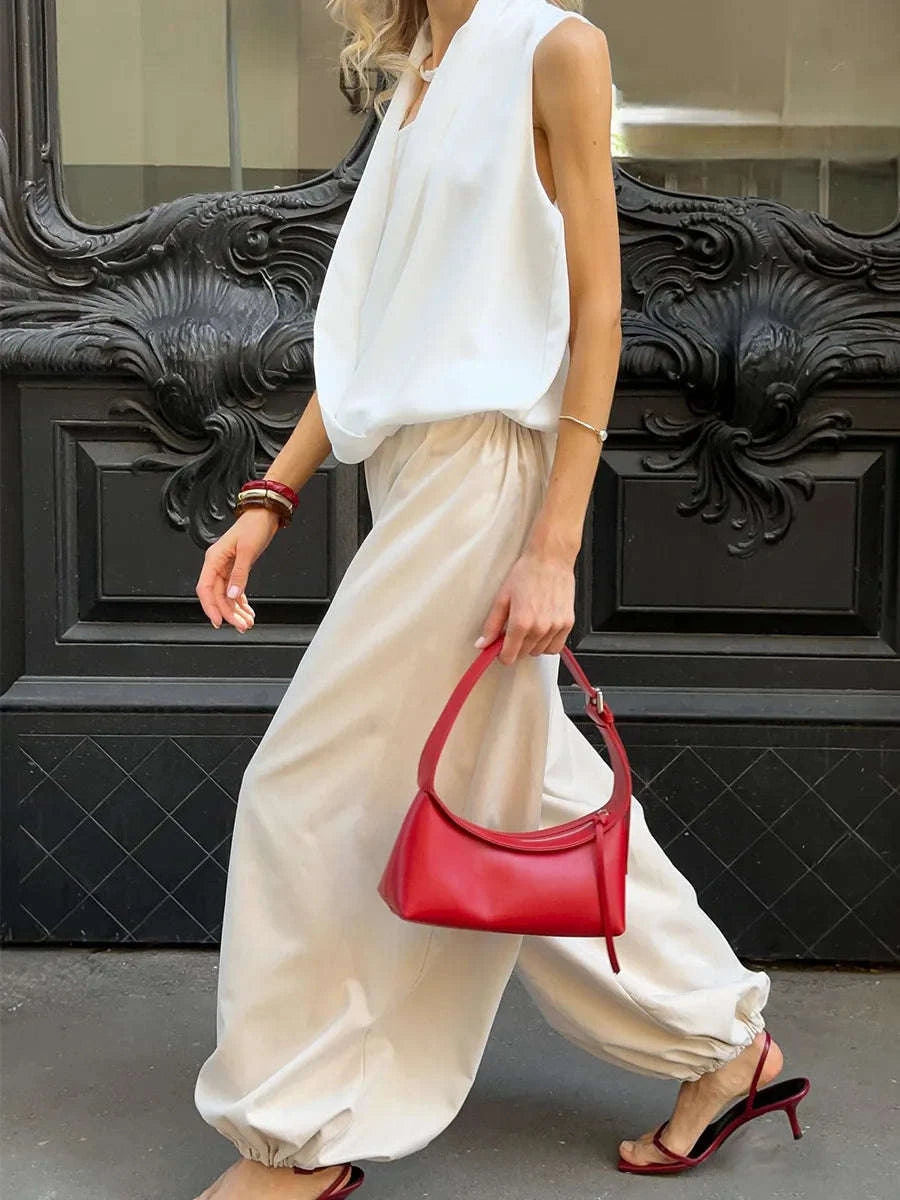 Women’s Cotton Wide Leg Lantern Pants – Loose Elastic Waist Casual Trousers-PInk / L