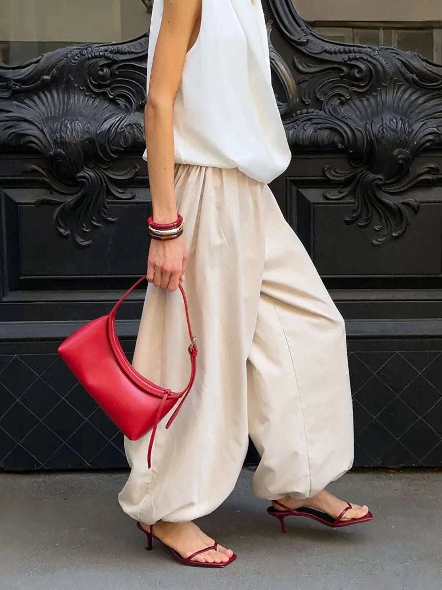 Women’s Cotton Wide Leg Lantern Pants – Loose Elastic Waist Casual Trousers-PInk / L