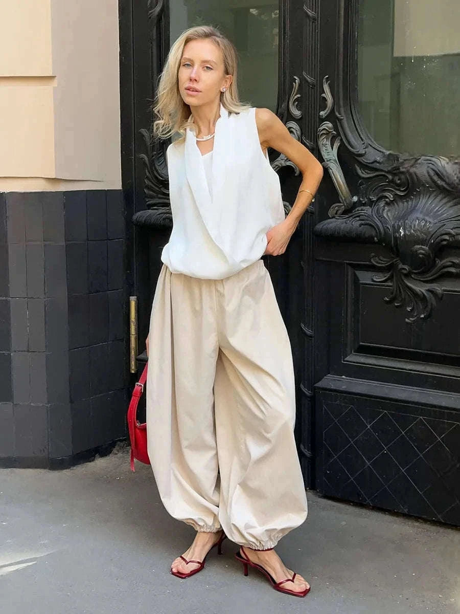 Women’s Cotton Wide Leg Lantern Pants – Loose Elastic Waist Casual Trousers-PInk / L