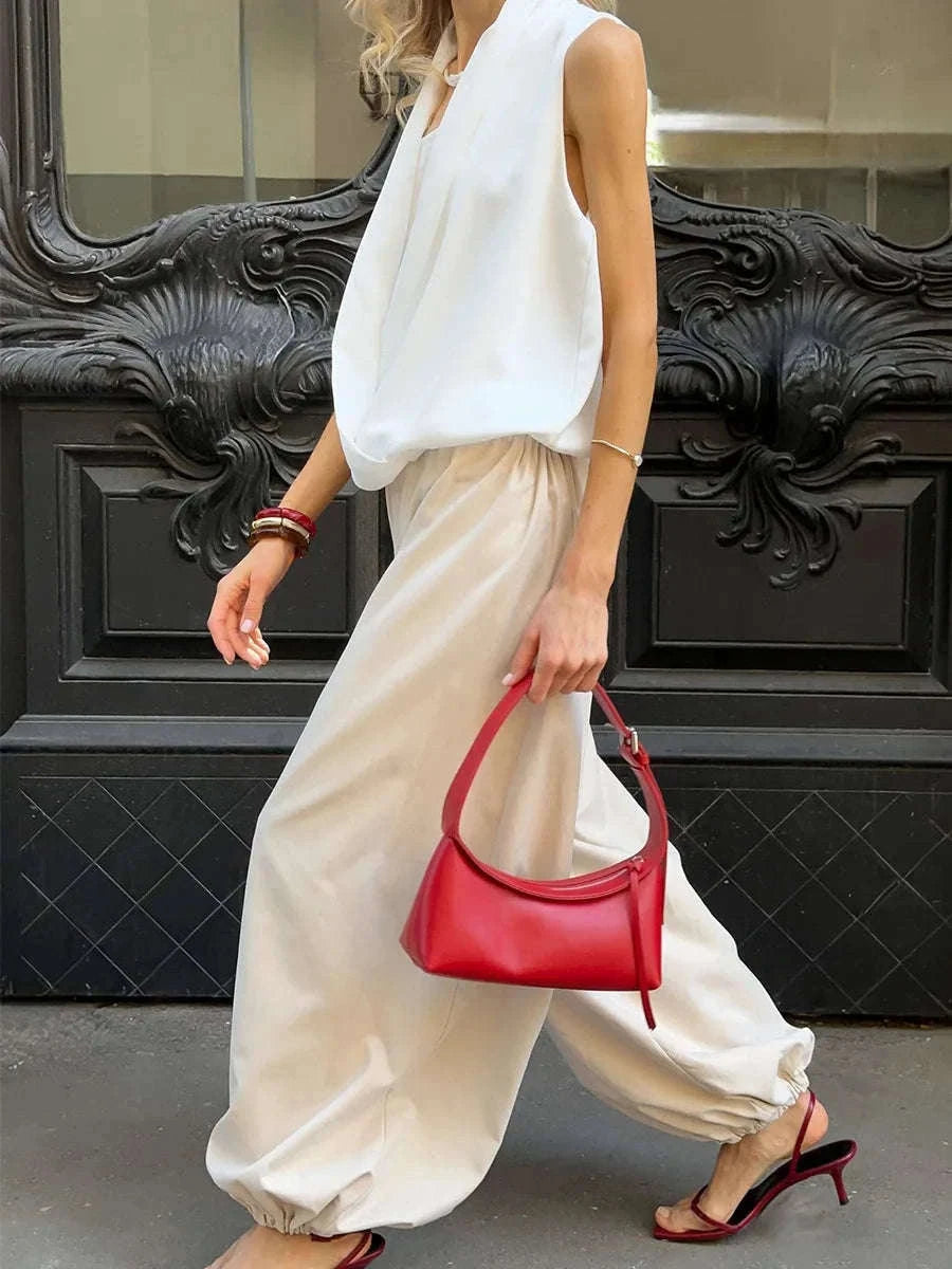 Women’s Cotton Wide Leg Lantern Pants – Loose Elastic Waist Casual Trousers-PInk / L