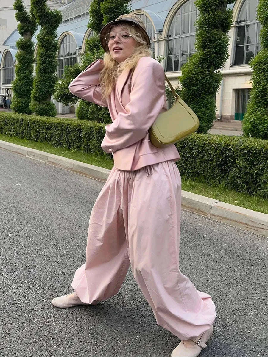 Women’s Cotton Wide Leg Lantern Pants – Loose Elastic Waist Casual Trousers-PInk / L