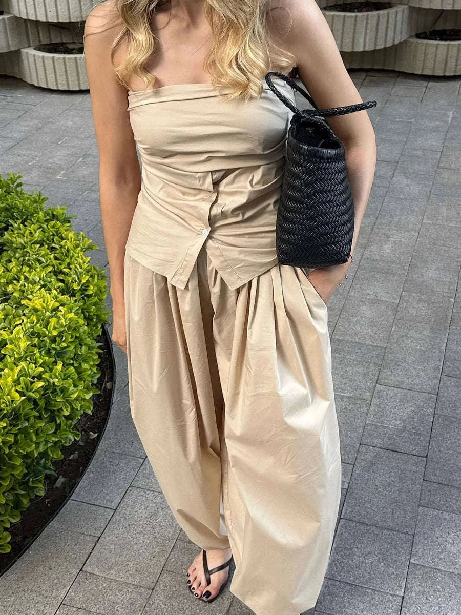 Women’s Cotton Wide Leg Lantern Pants – Loose Elastic Waist Casual Trousers-PInk / L