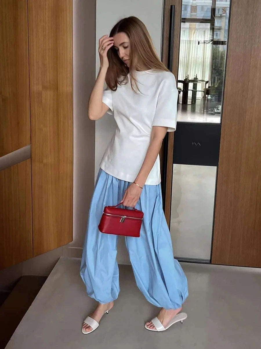 Women’s Cotton Wide Leg Lantern Pants – Loose Elastic Waist Casual Trousers-PInk / L