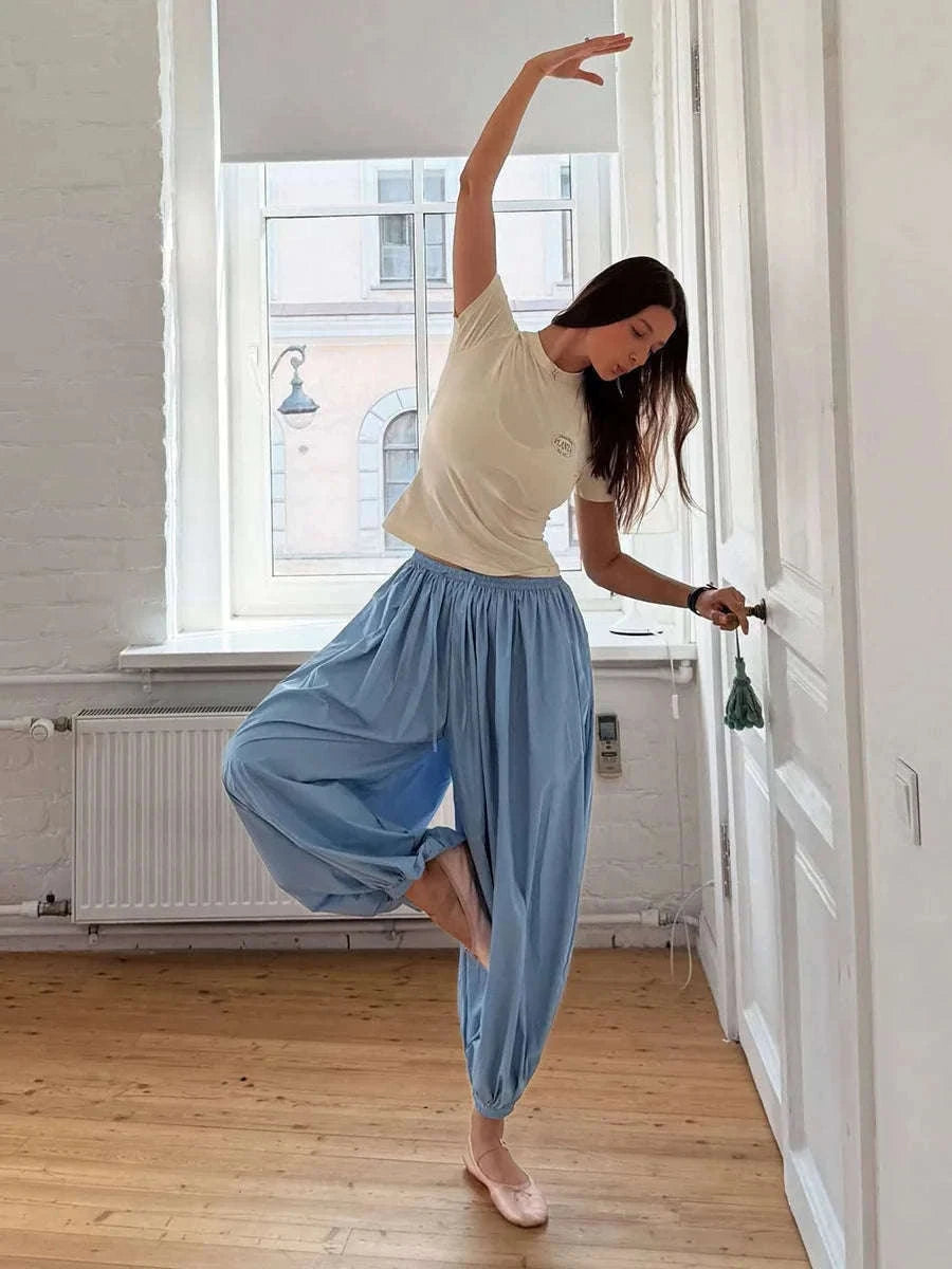 Women’s Cotton Wide Leg Lantern Pants – Loose Elastic Waist Casual Trousers-PInk / L