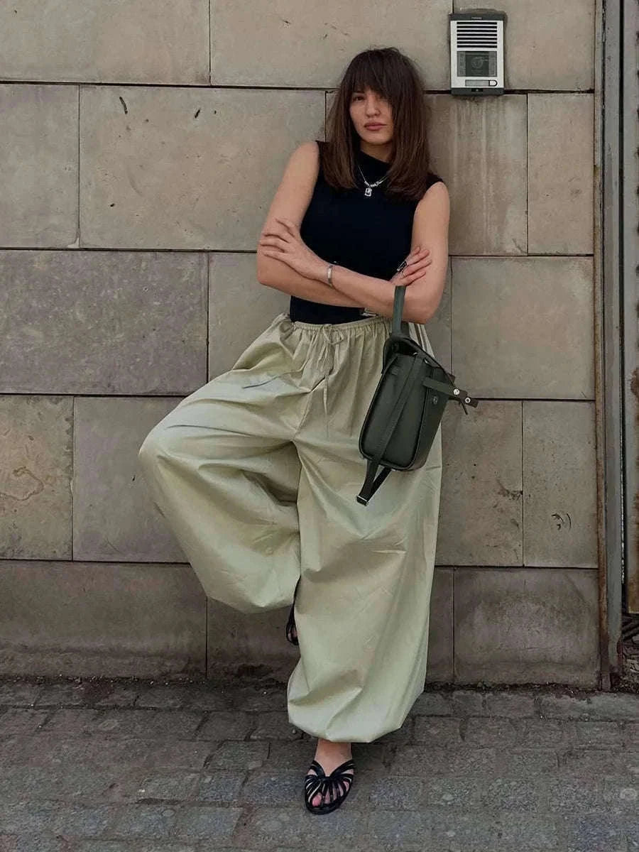Women’s Cotton Wide Leg Lantern Pants – Loose Elastic Waist Casual Trousers-PInk / L