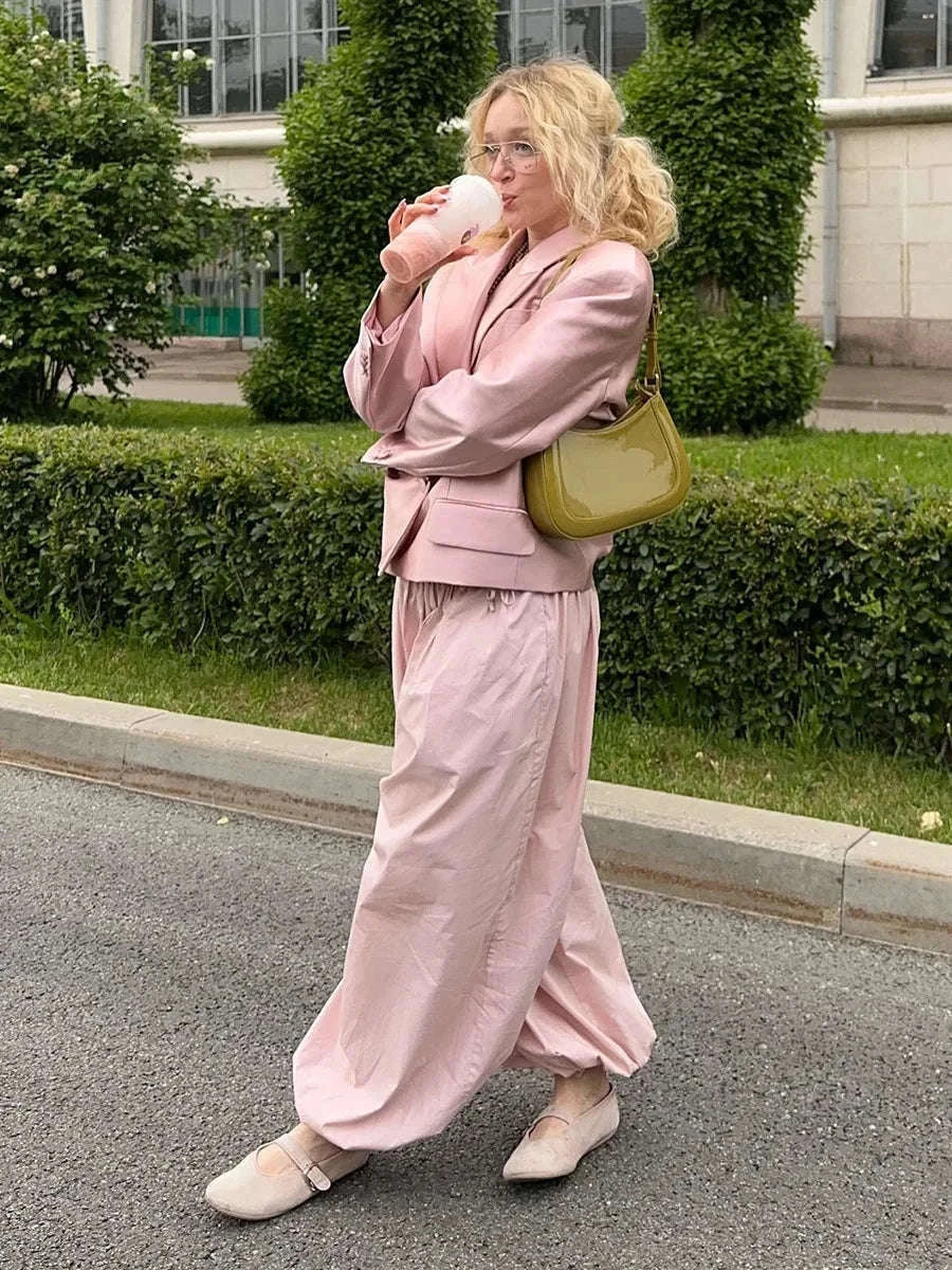 Women’s Cotton Wide Leg Lantern Pants – Loose Elastic Waist Casual Trousers-PInk / L