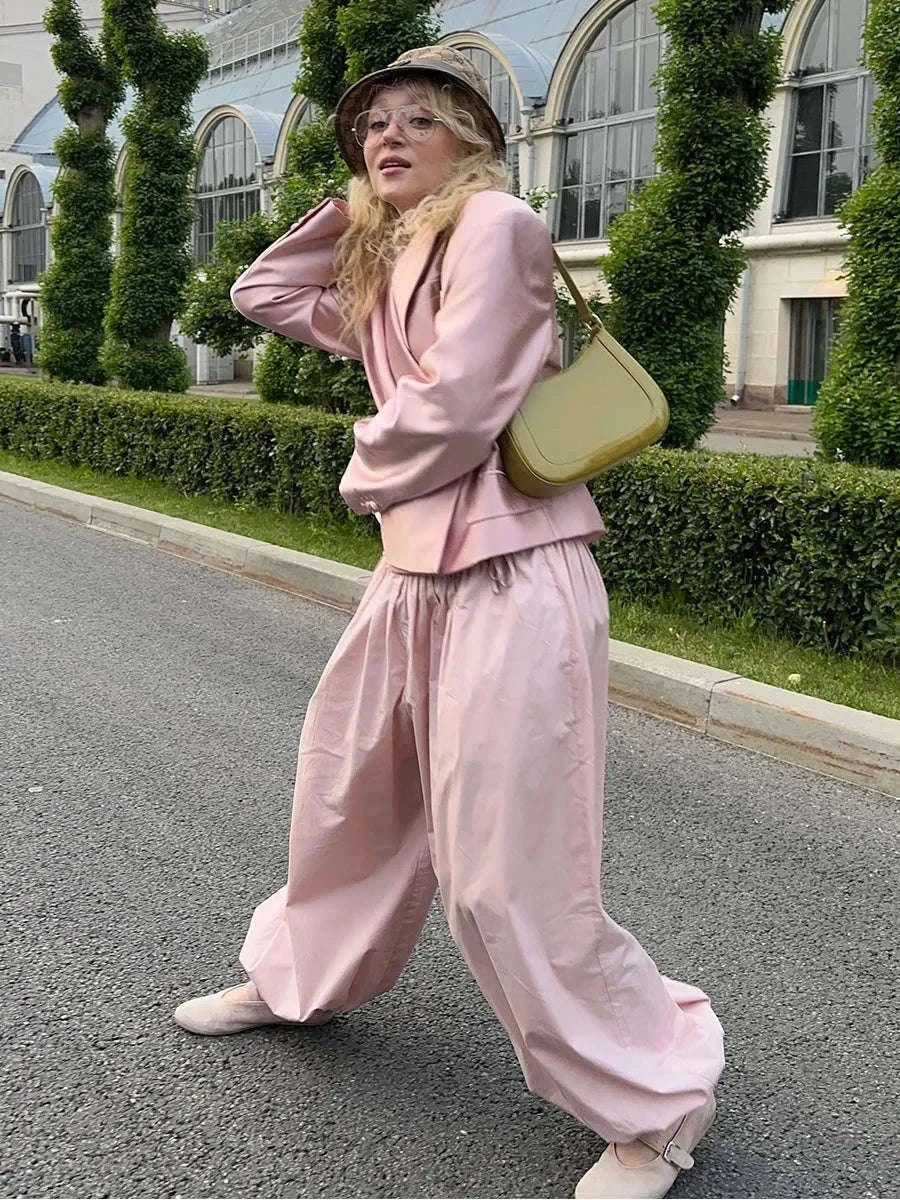 Women’s Cotton Wide Leg Lantern Pants – Loose Elastic Waist Casual Trousers-PInk / L