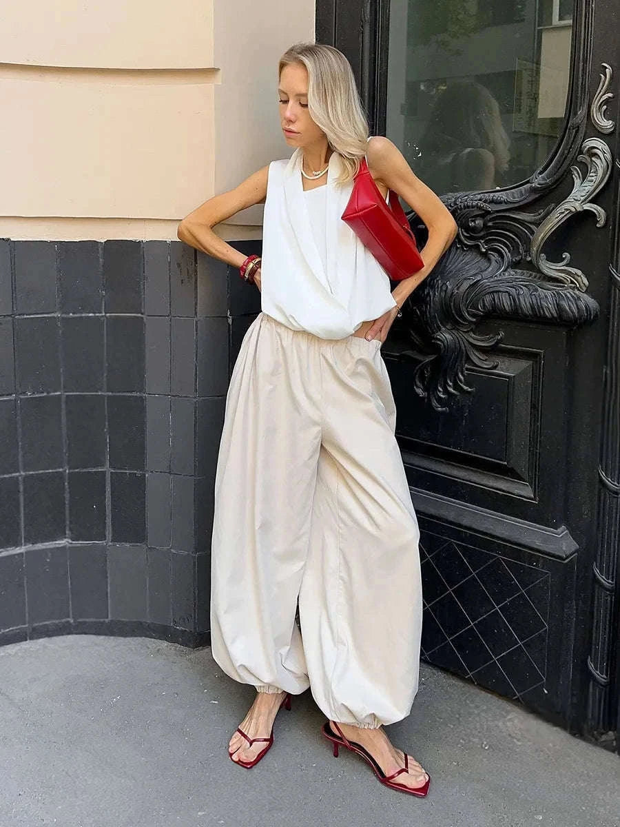 Women’s Cotton Wide Leg Lantern Pants – Loose Elastic Waist Casual Trousers-PInk / L
