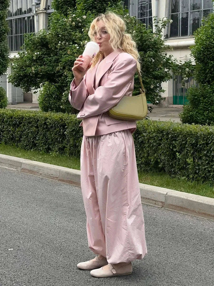 Women’s Cotton Wide Leg Lantern Pants – Loose Elastic Waist Casual Trousers-PInk / L