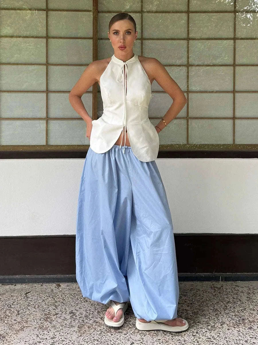 Women’s Cotton Wide Leg Lantern Pants – Loose Elastic Waist Casual Trousers-PInk / L