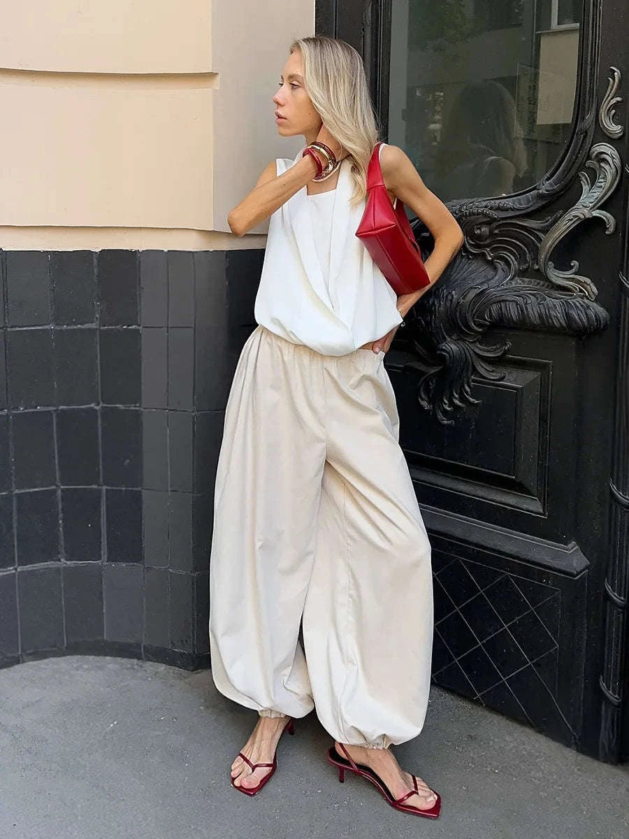 Women’s Cotton Wide Leg Lantern Pants – Loose Elastic Waist Casual Trousers-PInk / L