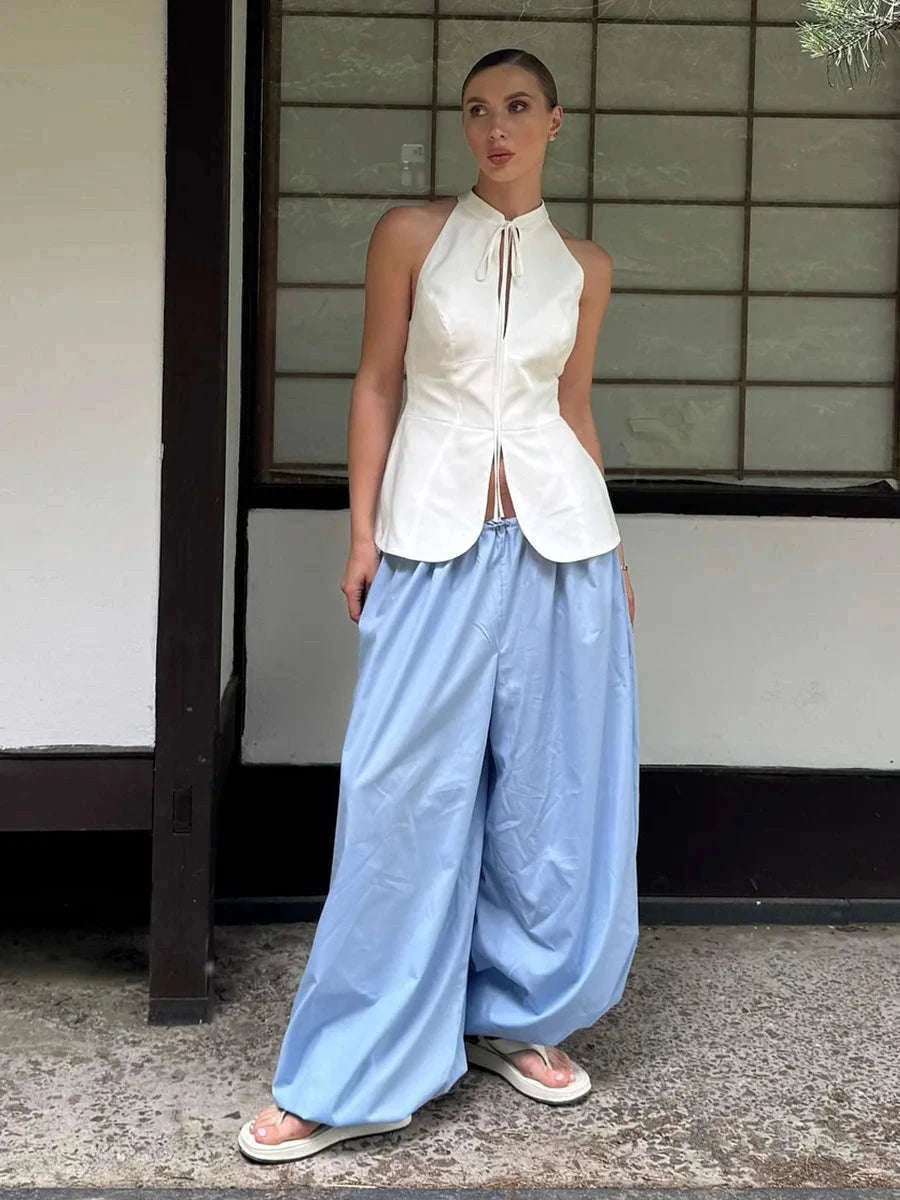 Women’s Cotton Wide Leg Lantern Pants – Loose Elastic Waist Casual Trousers-PInk / L
