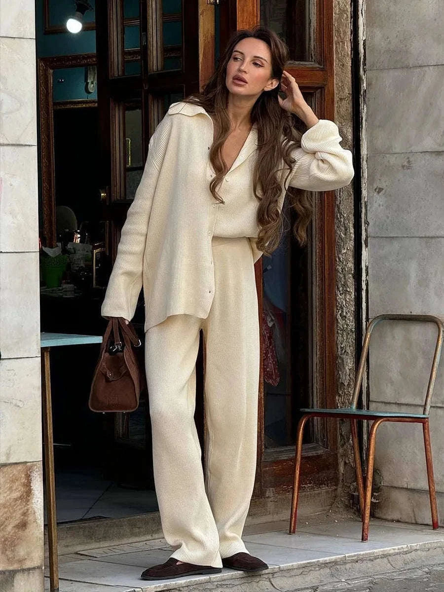 Women's Cozy Knit Cardigan and Pants Set – Warm 2 Piece Outfit-Apricot / M