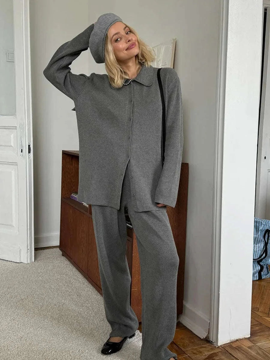 Women's Cozy Knit Cardigan and Pants Set – Warm 2 Piece Outfit-Apricot / M