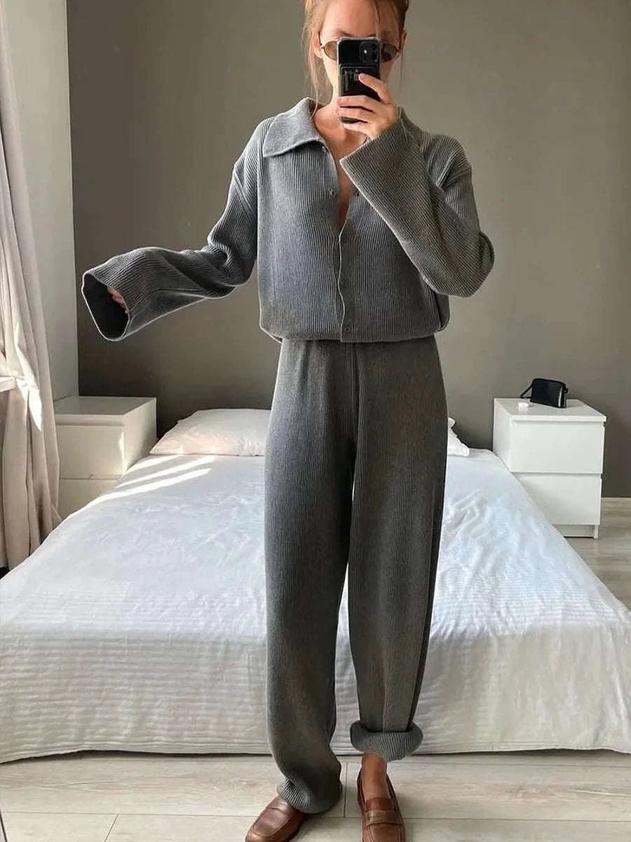Women's Cozy Knit Cardigan and Pants Set – Warm 2 Piece Outfit-Apricot / M