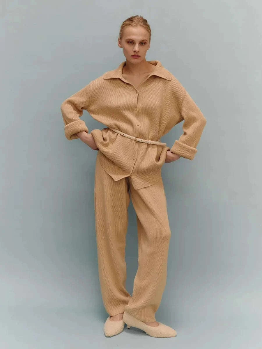 Women's Cozy Knit Cardigan and Pants Set – Warm 2 Piece Outfit-Apricot / M