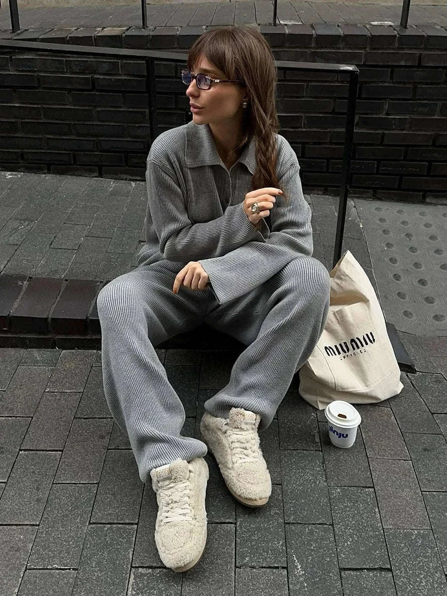 Women's Cozy Knit Cardigan and Pants Set – Warm 2 Piece Outfit-Apricot / M