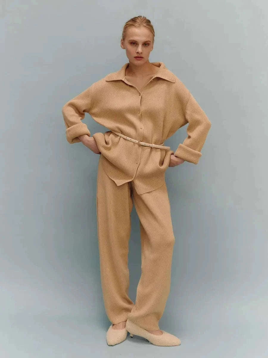 Women's Cozy Knit Cardigan and Pants Set – Warm 2 Piece Outfit-Apricot / M