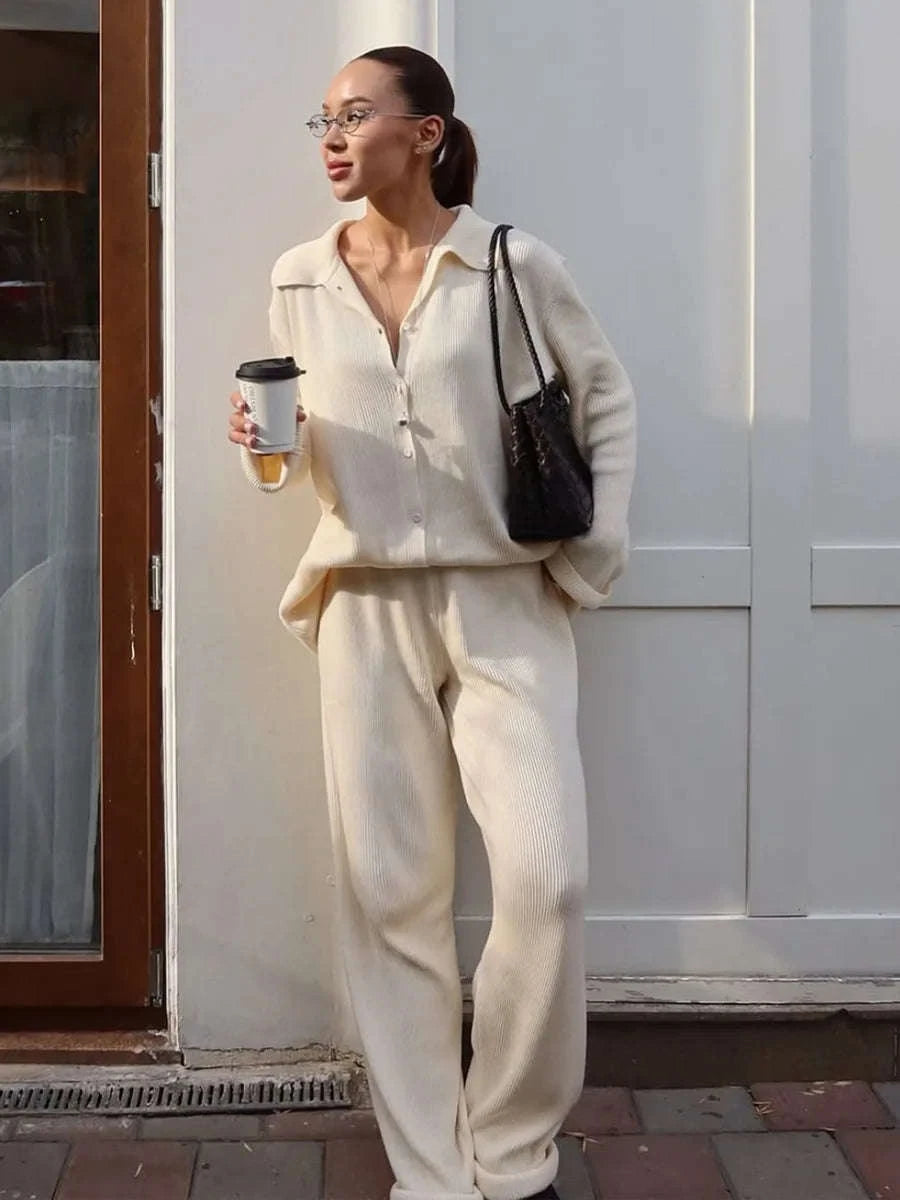 Women's Cozy Knit Cardigan and Pants Set – Warm 2 Piece Outfit-Apricot / M