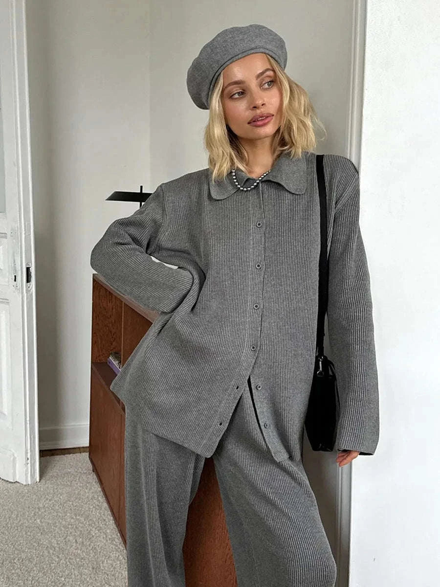 Women's Cozy Knit Cardigan and Pants Set – Warm 2 Piece Outfit-Apricot / M