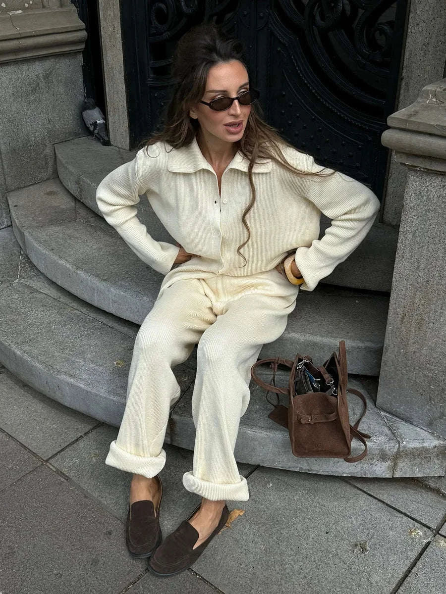Women's Cozy Knit Cardigan and Pants Set – Warm 2 Piece Outfit-Apricot / M