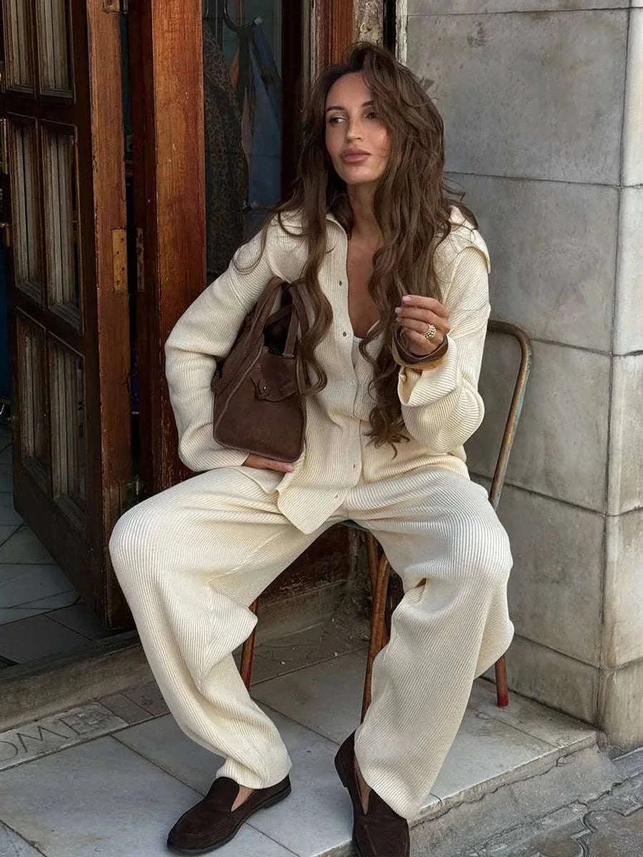 Women's Cozy Knit Cardigan and Pants Set – Warm 2 Piece Outfit-Apricot / M