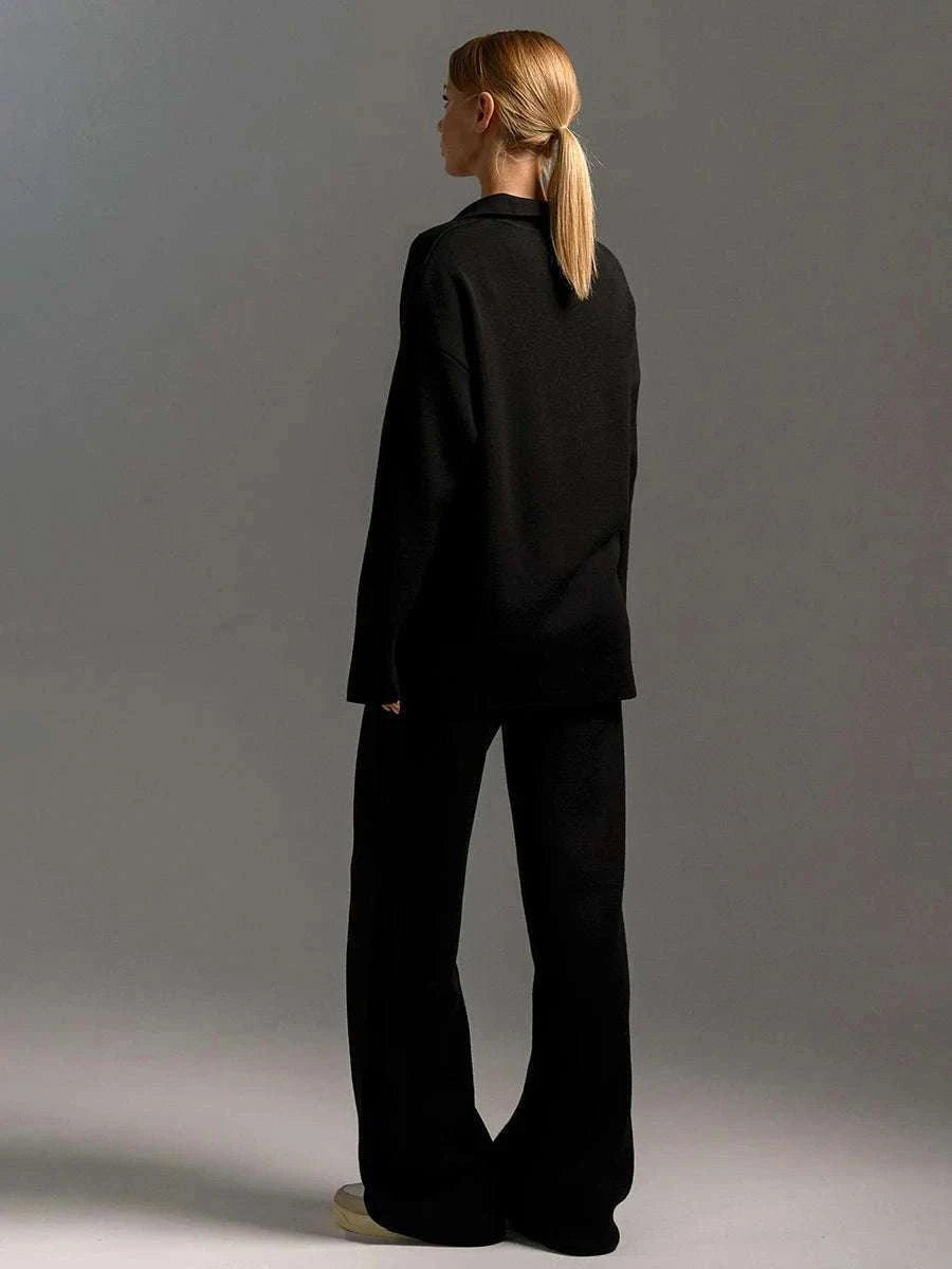 Women’s Cozy Knitted Polo Sweater & Wide Leg Pants Set-