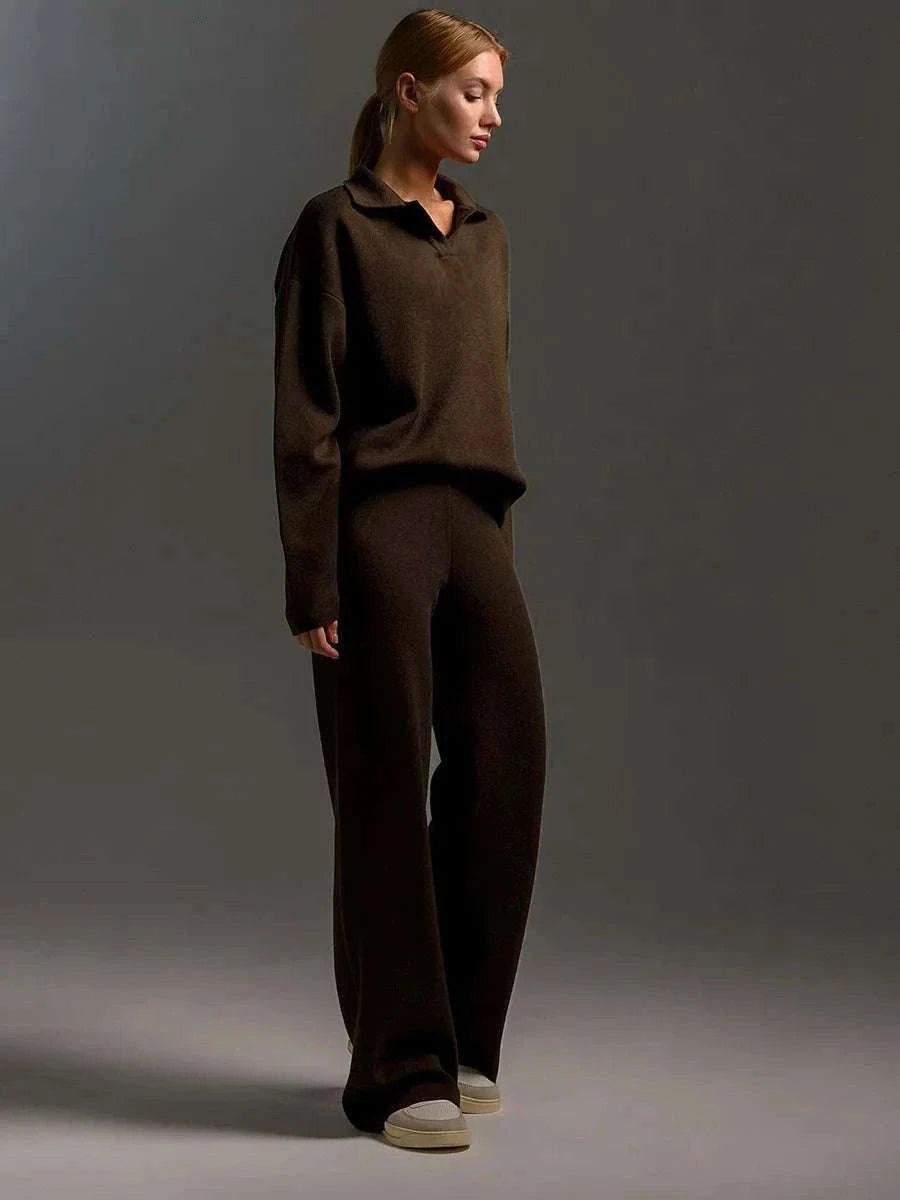 Women’s Cozy Knitted Polo Sweater & Wide Leg Pants Set-