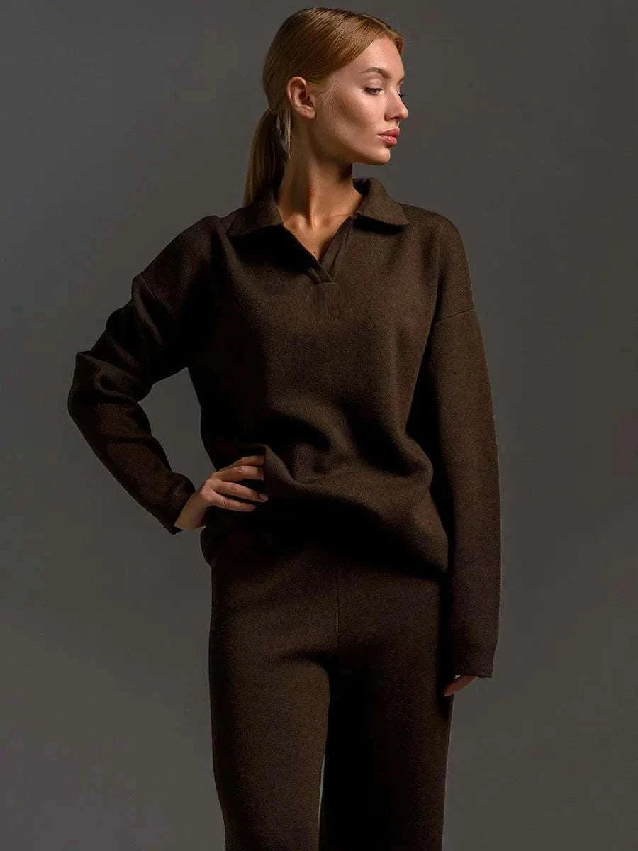 Women’s Cozy Knitted Polo Sweater & Wide Leg Pants Set-